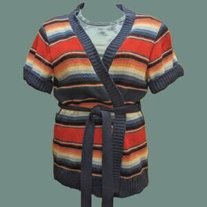 Vintage 1980s Heritage 1981 Southwest Stripe Short Sleeve Belted Cardigan